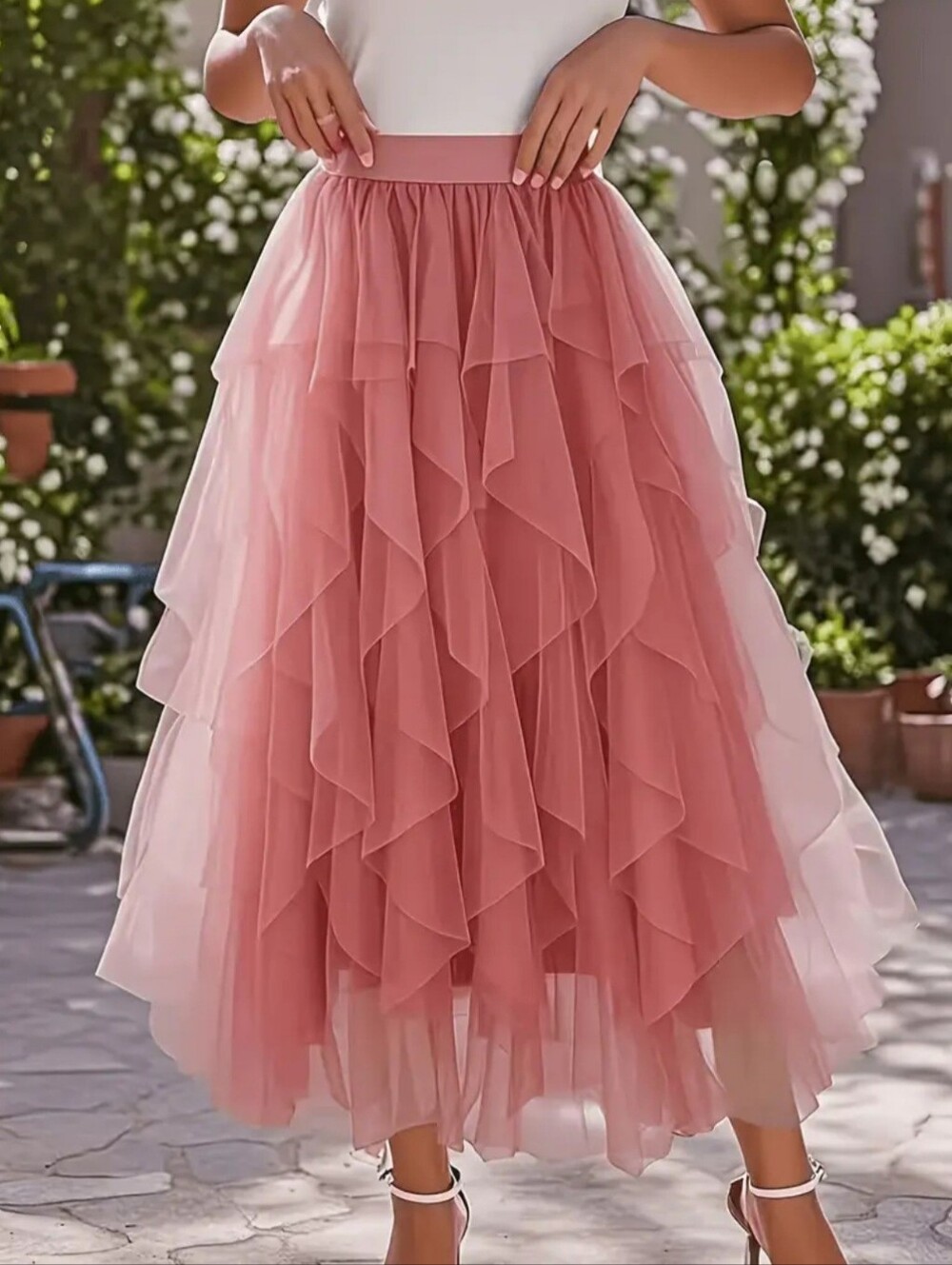 Women's Pink Layered Tulle Midi Skirt